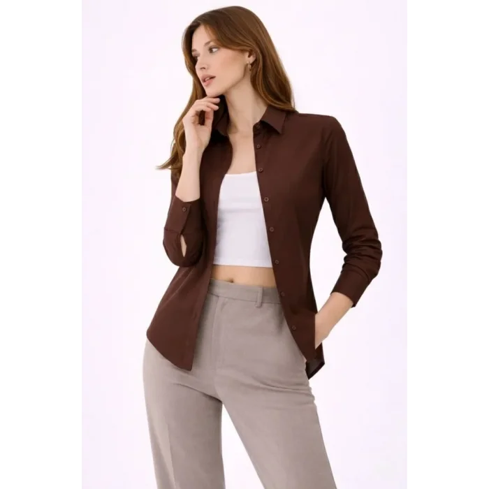 Uzun Kollu Gömlek Düğmeli Klasik Yaka Günlük Ve Ofis Şıklığına Uygun - Kahverengi