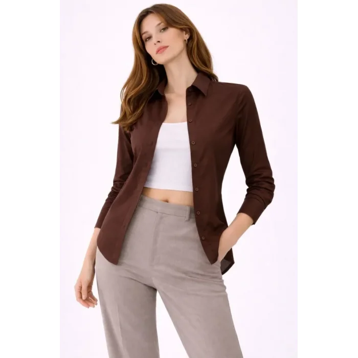 Uzun Kollu Gömlek Düğmeli Klasik Yaka Günlük Ve Ofis Şıklığına Uygun - Kahverengi