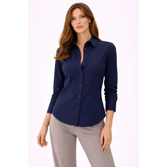 Uzun Kollu Gömlek Düğmeli Klasik Yaka Günlük Ve Ofis Şıklığına Uygun - Lacivert
