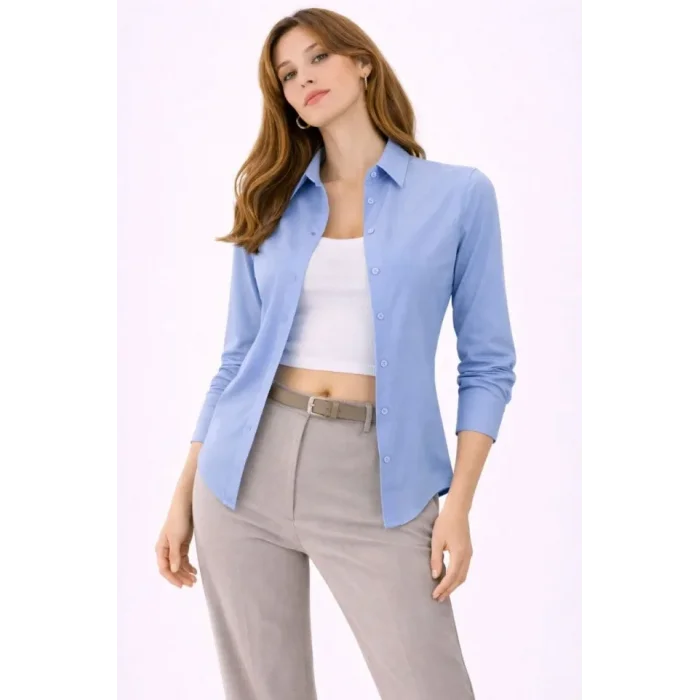 Uzun Kollu Gömlek Düğmeli Klasik Yaka Günlük Ve Ofis Şıklığına Uygun - Mavi