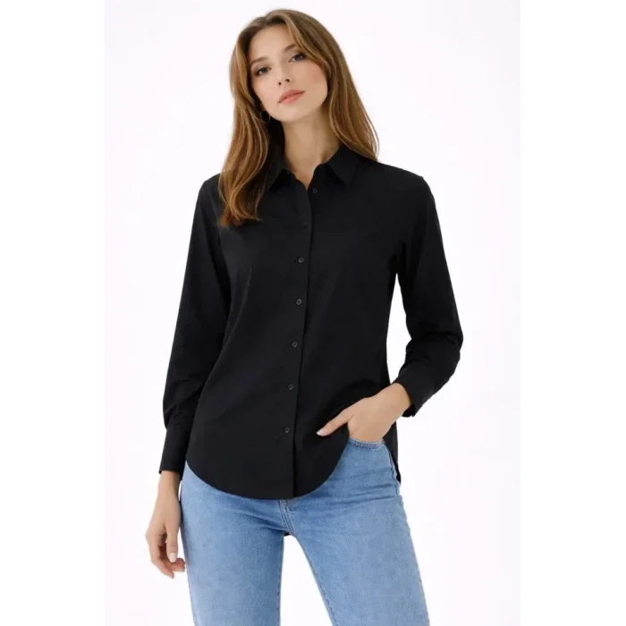 Uzun Kollu Gömlek Düğmeli Klasik Yaka Günlük Ve Ofis Şıklığına Uygun - Siyah