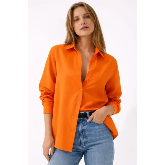 Uzun Kollu Gömlek Düğmeli Klasik Yaka Günlük Ve Ofis Şıklığına Uygun - Turuncu