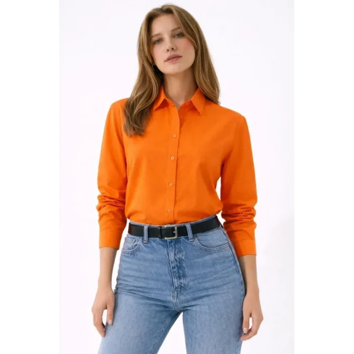 Uzun Kollu Gömlek Düğmeli Klasik Yaka Günlük Ve Ofis Şıklığına Uygun - Turuncu