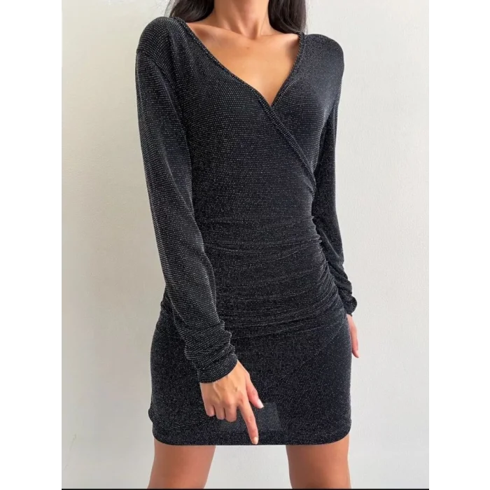 Uzun Kollu Kruvaze Simli Elbise -Siyah