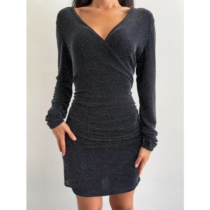 Uzun Kollu Kruvaze Simli Elbise -Siyah