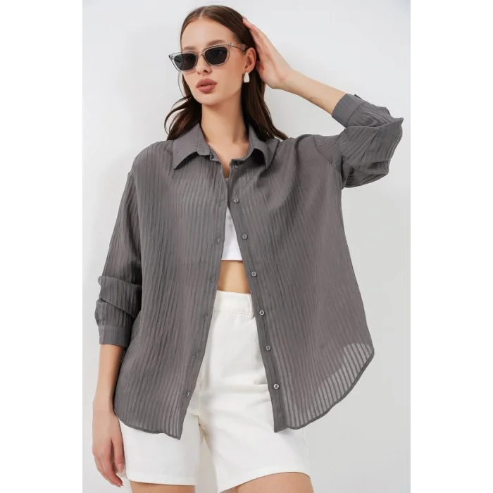 Uzun Oversize Gömlek 20320 - Antrasit