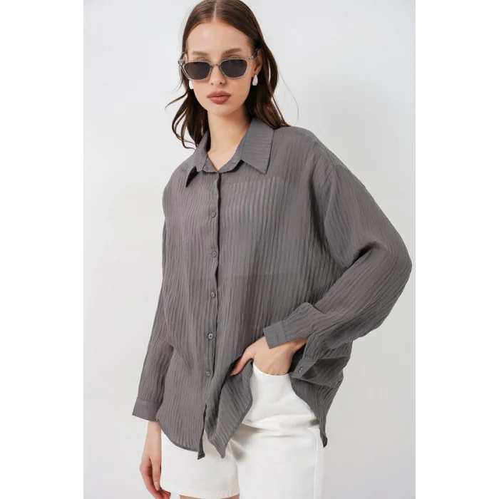 Uzun Oversize Gömlek 20320 - Antrasit