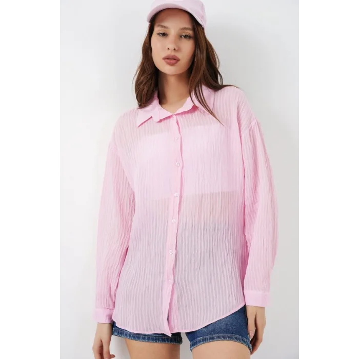 Uzun Oversize Gömlek 20320 - Pudra