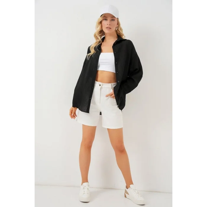 Uzun Oversize Gömlek 20320 - Siyah