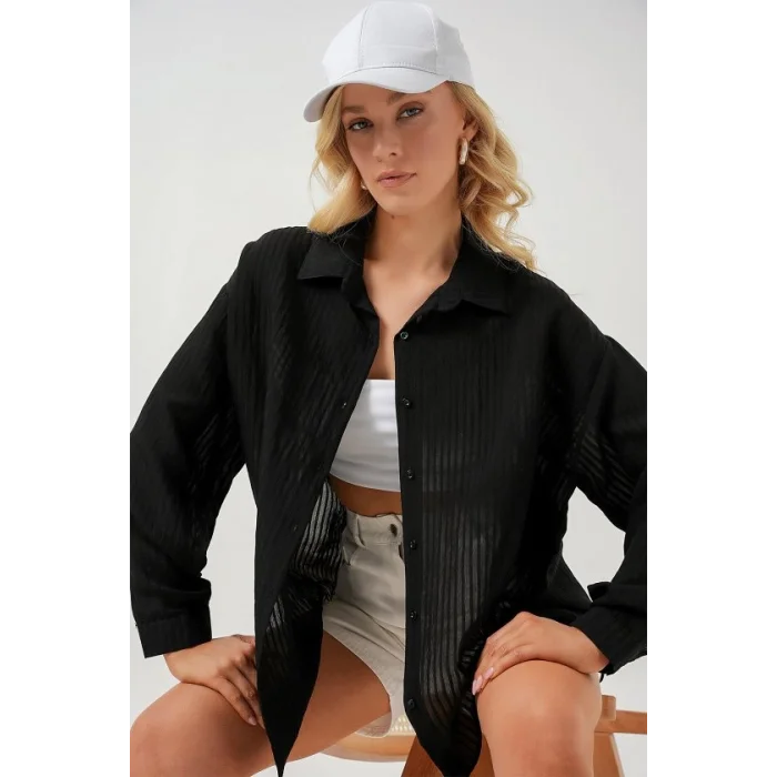 Uzun Oversize Gömlek 20320 - Siyah