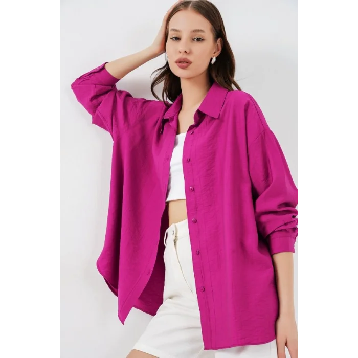 Uzun Oversize Gömlek 20334 - Koyu Pembe