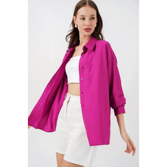 Uzun Oversize Gömlek 20334 - Koyu Pembe