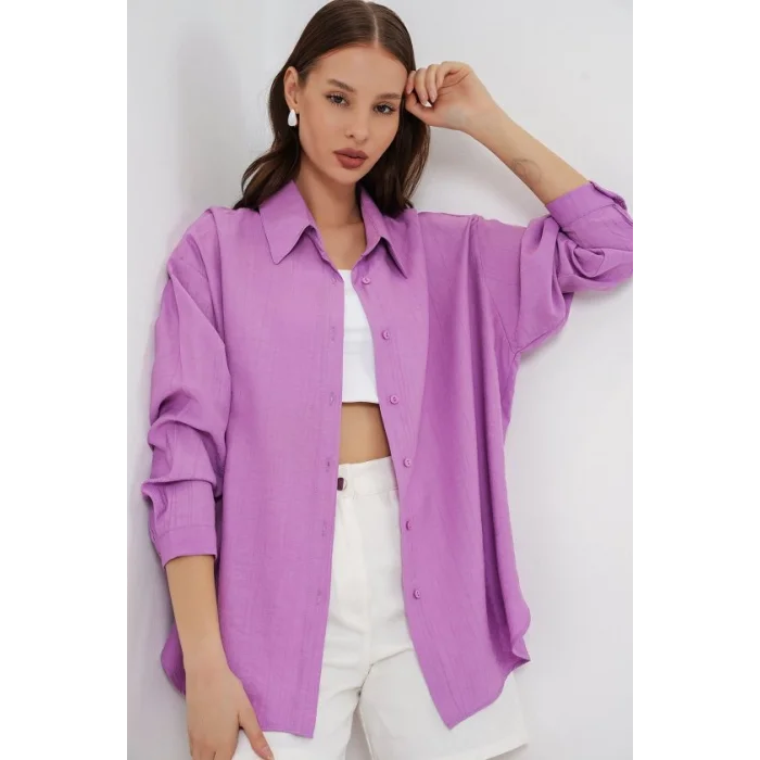 Uzun Oversize Gömlek 20334 - Lila