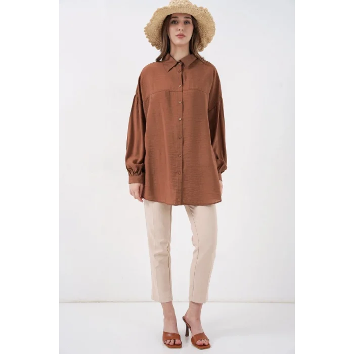 Uzun Oversize Gömlek 5965 - Sütlü Kahve
