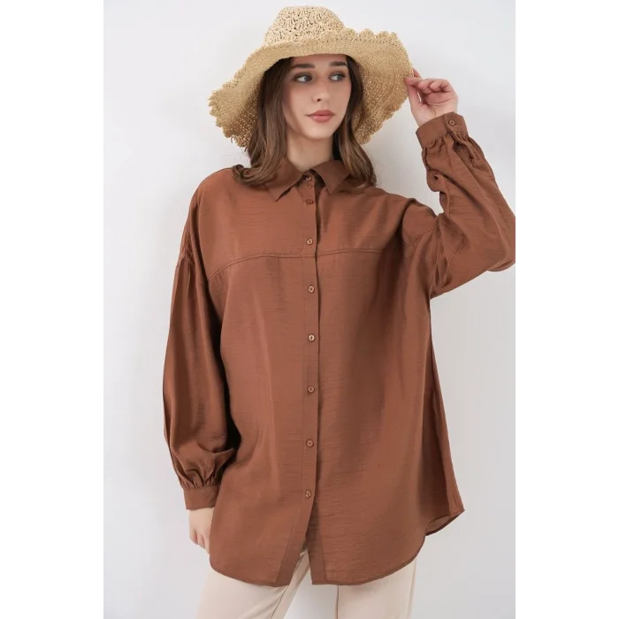 Uzun Oversize Gömlek 5965 - Sütlü Kahve