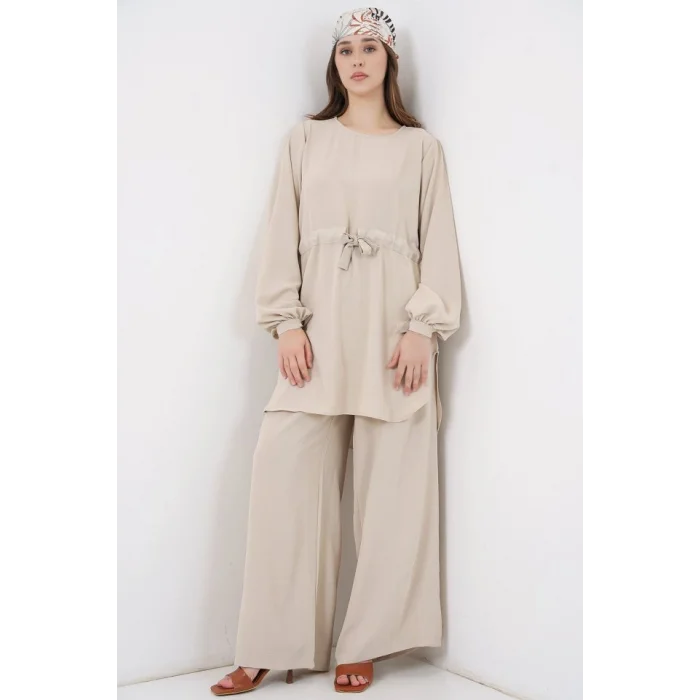 Uzun Tunik Pantolon İkili Takım 6719 - Krem