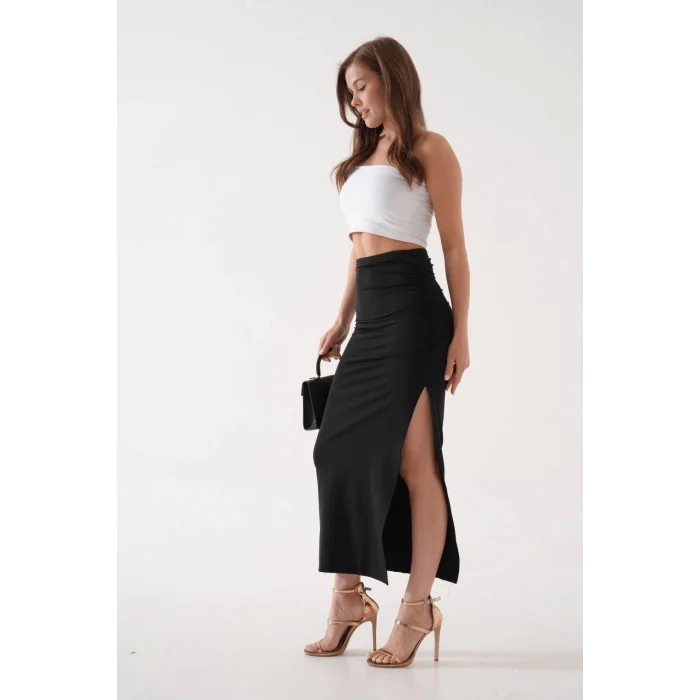 Uzun yırtmaçlı ince kumaş etek siyah