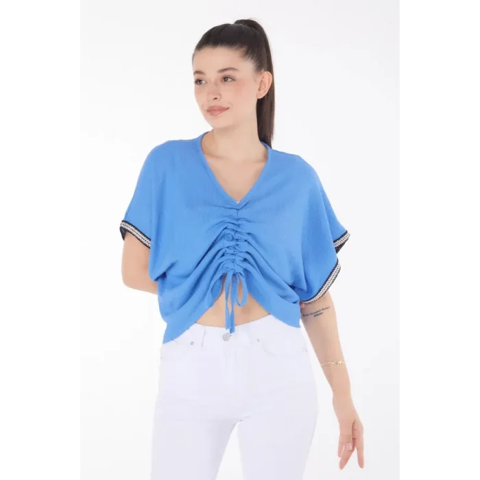 V yaka büzgülü detaylı bluz