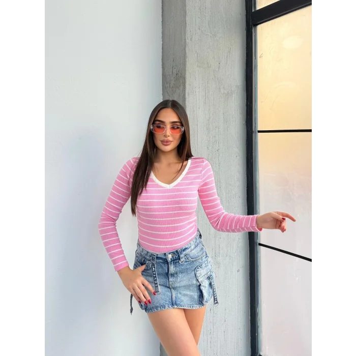 V yaka çizgili bluz pembe A3699