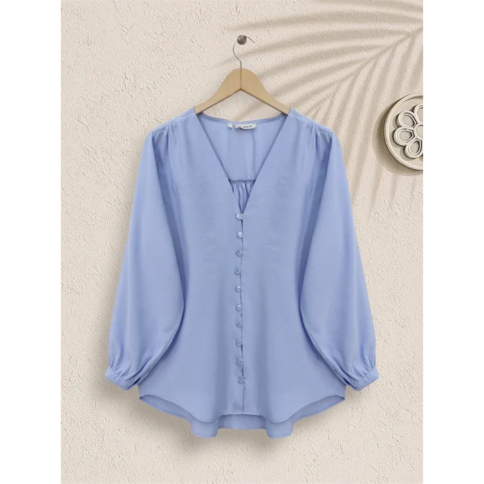V Yaka Düğmeli Arkası Uzun Gömlek -Bebe Mavi
