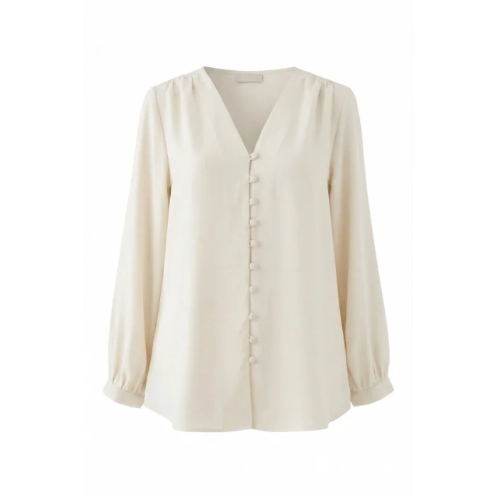 V Yaka Düğmeli Arkası Uzun Gömlek -Ekru