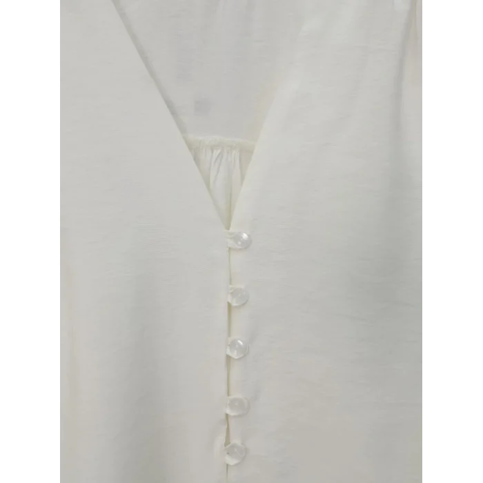 V Yaka Düğmeli Arkası Uzun Gömlek -Ekru