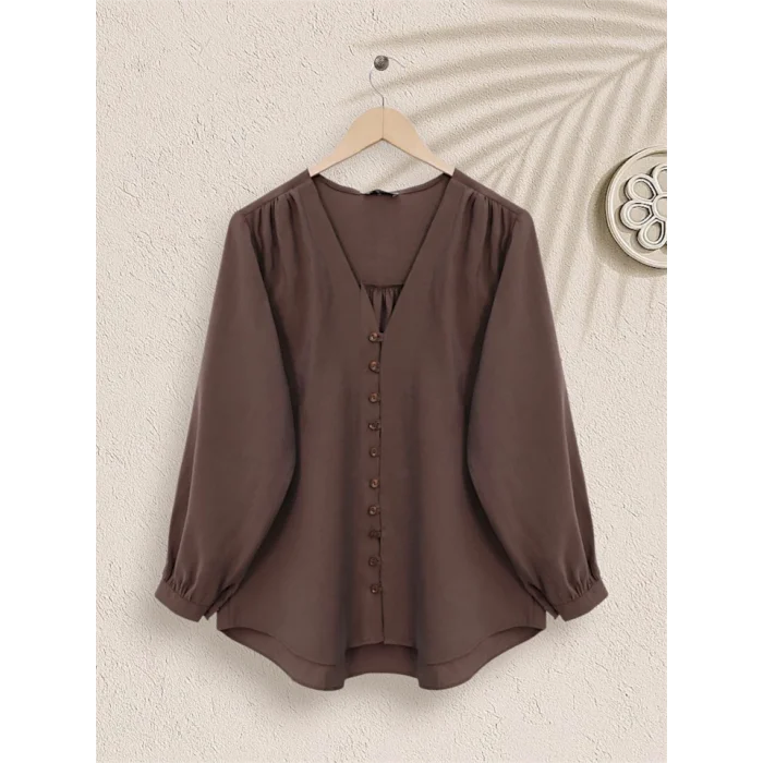 V Yaka Düğmeli Arkası Uzun Gömlek -Kahve