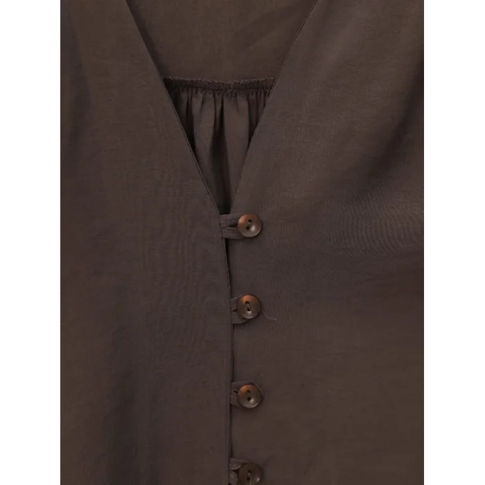 V Yaka Düğmeli Arkası Uzun Gömlek -Kahve