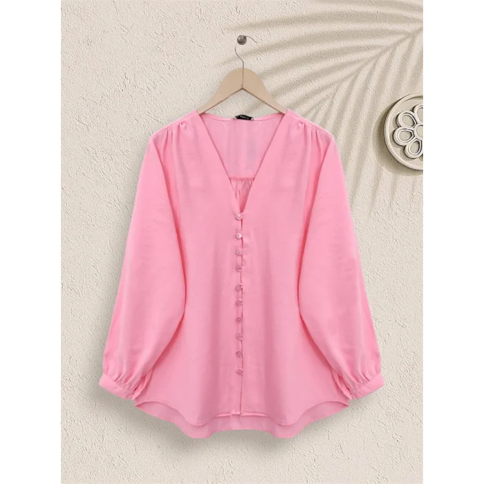 V Yaka Düğmeli Arkası Uzun Gömlek -Pembe