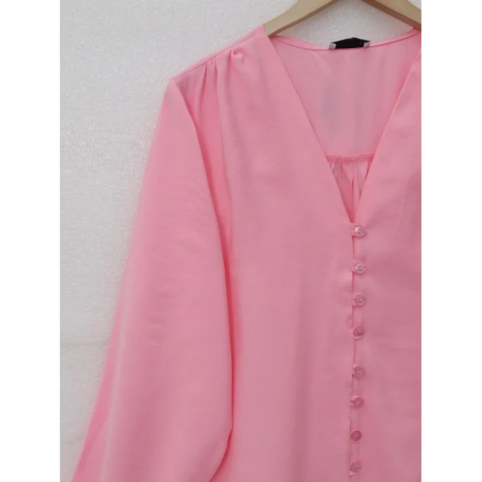 V Yaka Düğmeli Arkası Uzun Gömlek -Pembe