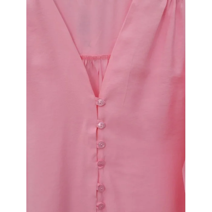 V Yaka Düğmeli Arkası Uzun Gömlek -Pembe