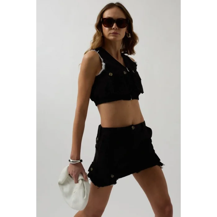 V Yaka Düğmeli Crop Yelek