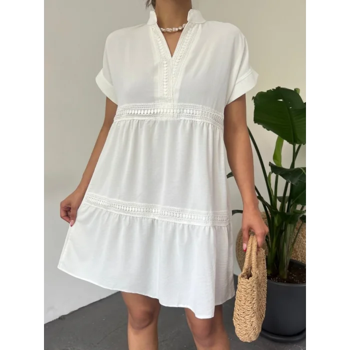 V Yaka Fistolu Ayrobin Elbise -Beyaz