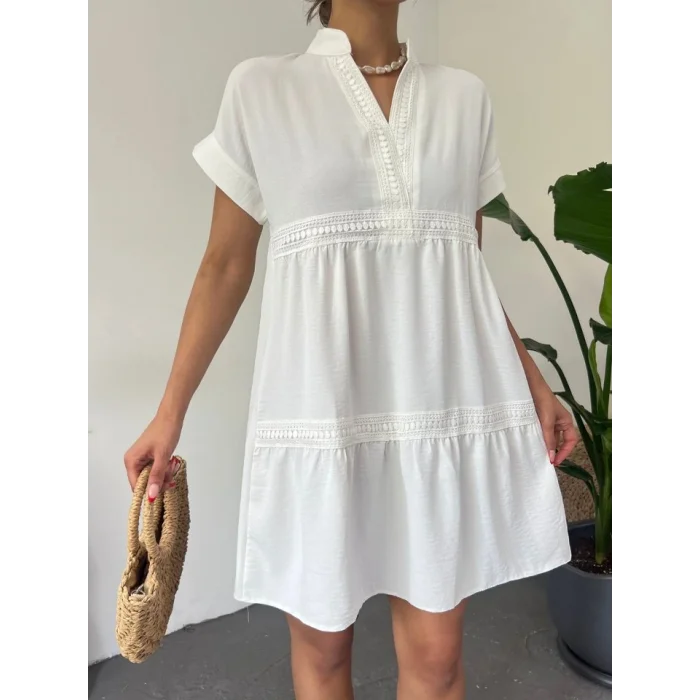 V Yaka Fistolu Ayrobin Elbise -Beyaz