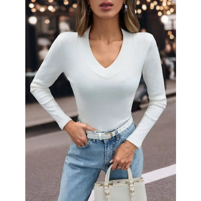 V yaka kaşkorse bluz beyaz w3817