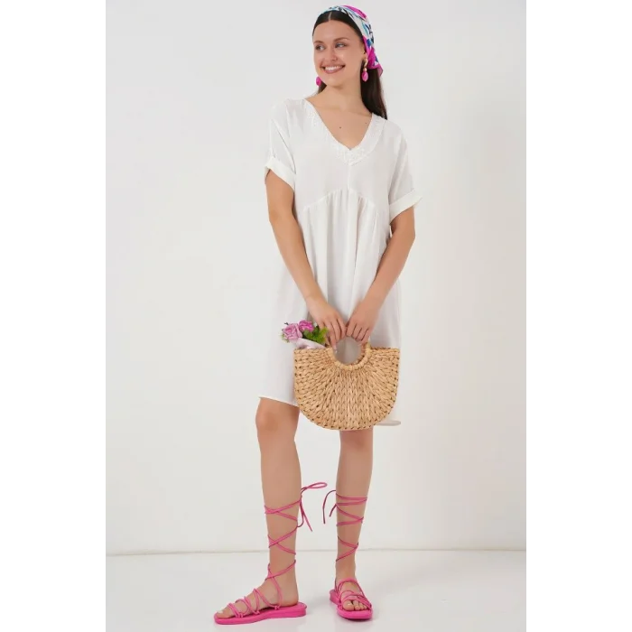 V Yaka Kısa Kol Elbise 2567 - Beyaz