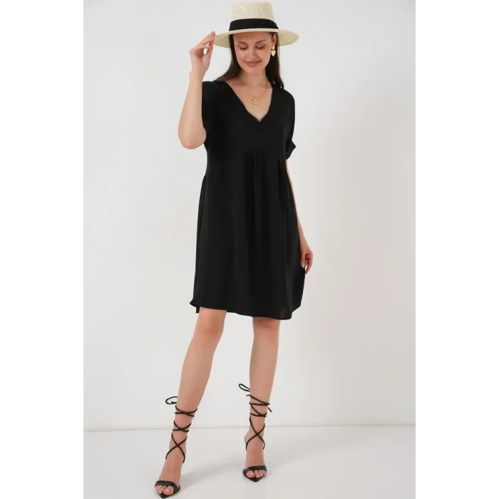 V Yaka Kısa Kol Elbise 2567 - Siyah