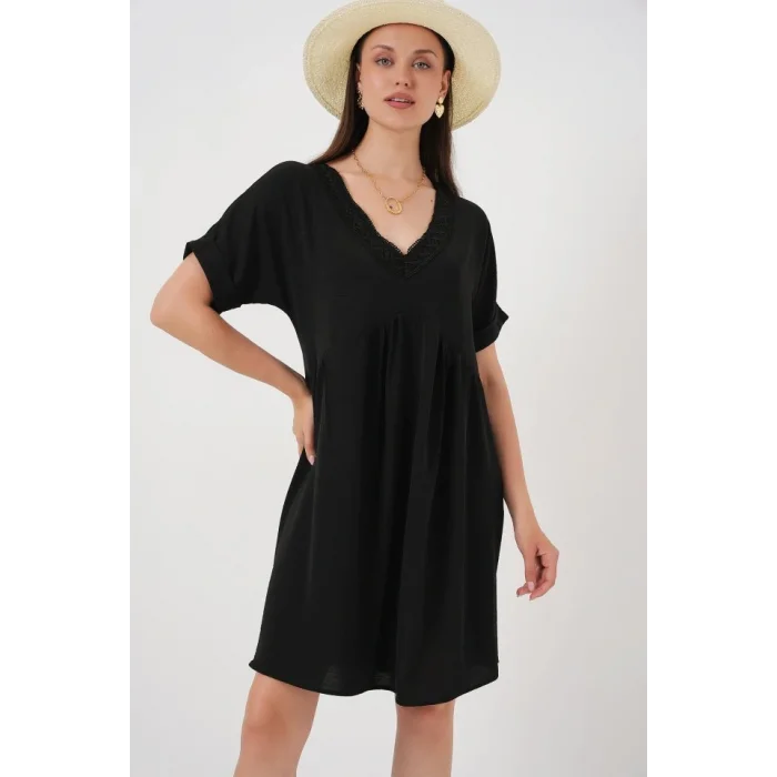 V Yaka Kısa Kol Elbise 2567 - Siyah