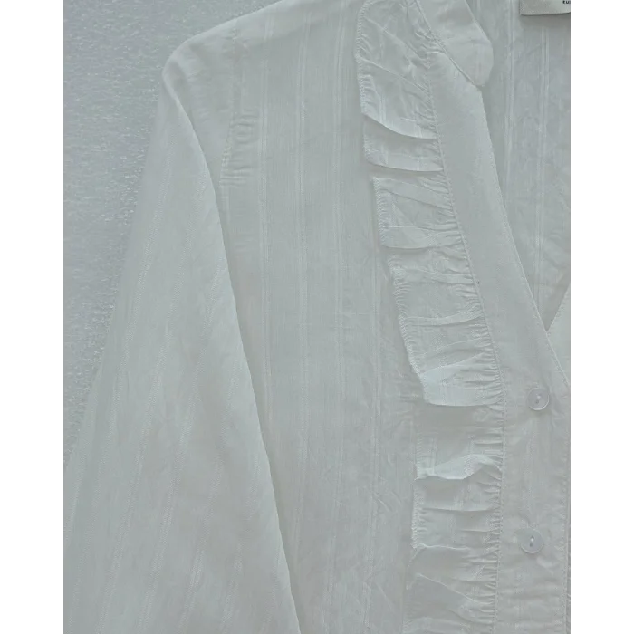 V Yaka Önü Fırfırlı Tensel Yari Transparan Buket Gömlek -Beyaz