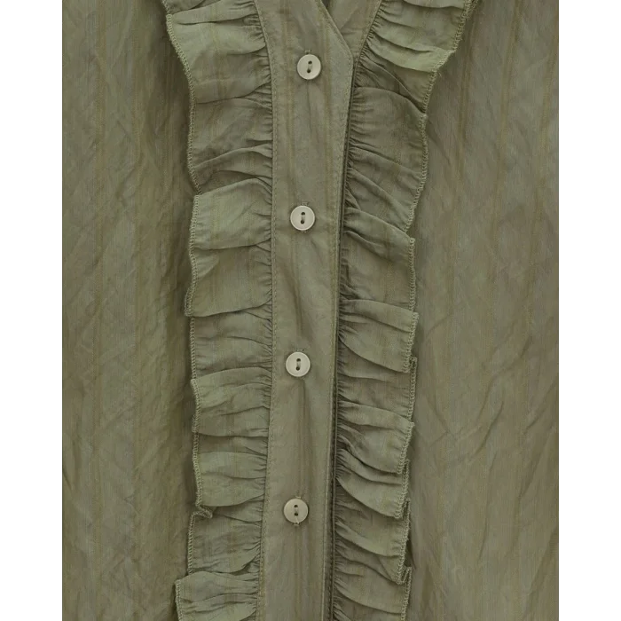 V Yaka Önü Fırfırlı Tensel Yari Transparan Buket Gömlek -Haki