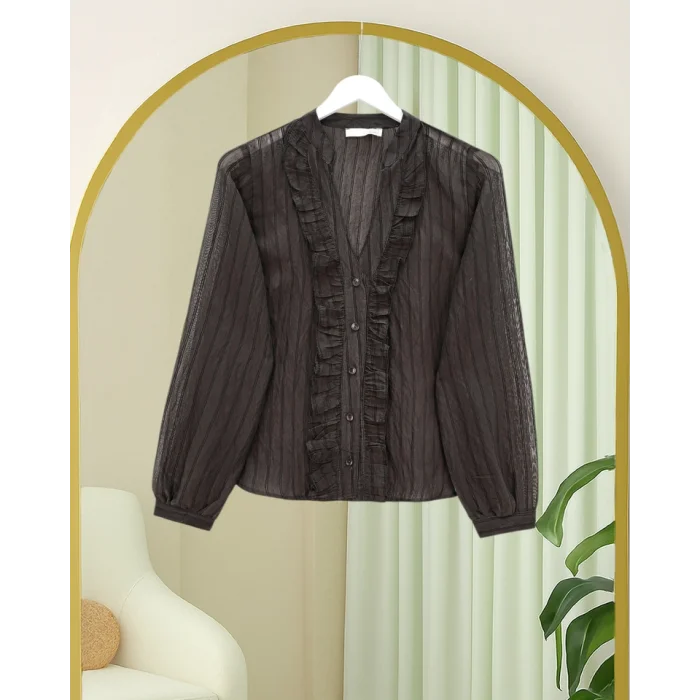 V Yaka Önü Fırfırlı Tensel Yari Transparan Buket Gömlek -K. Kahve