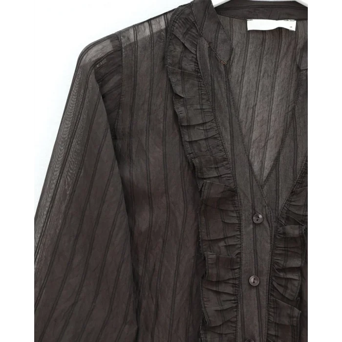 V Yaka Önü Fırfırlı Tensel Yari Transparan Buket Gömlek -K. Kahve