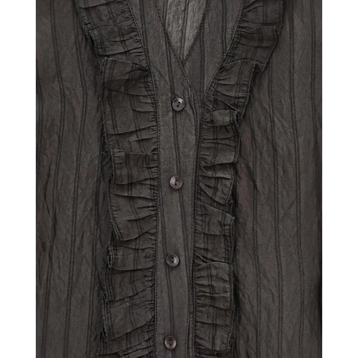 V Yaka Önü Fırfırlı Tensel Yari Transparan Buket Gömlek -K. Kahve