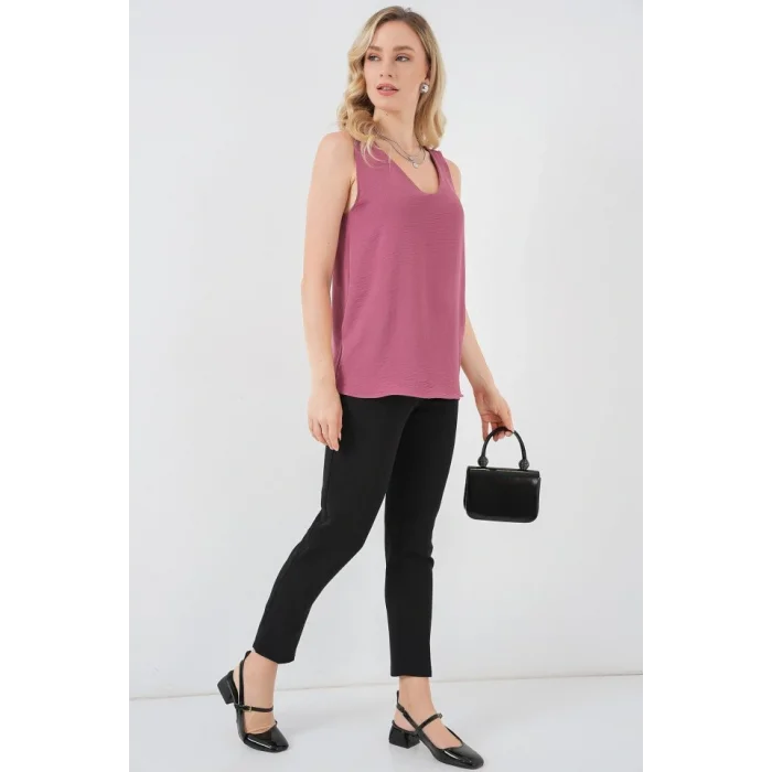 V Yaka Sıfır Kol Bluz 950 - A.Gül Kurusu