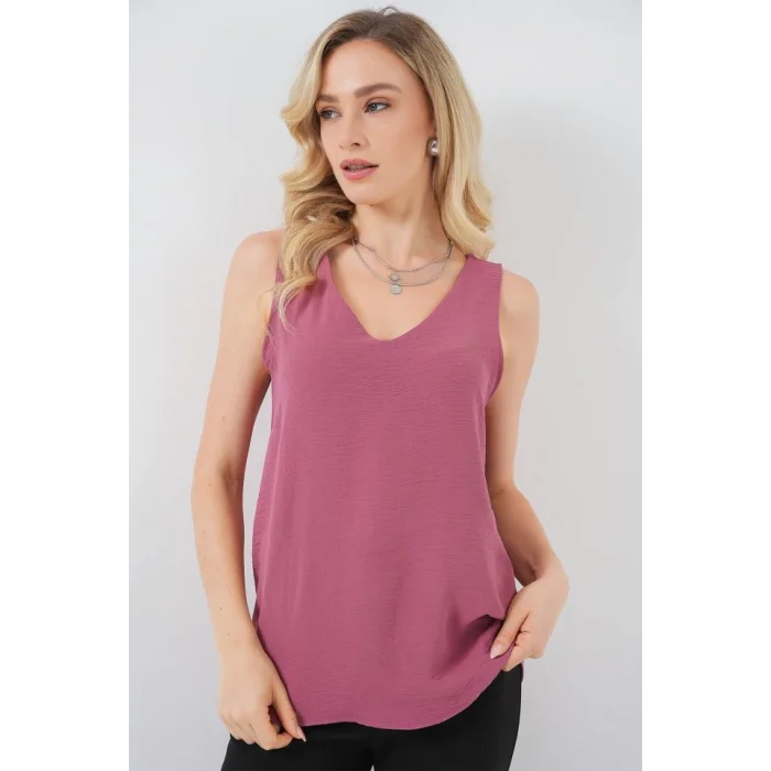 V Yaka Sıfır Kol Bluz 950 - A.Gül Kurusu