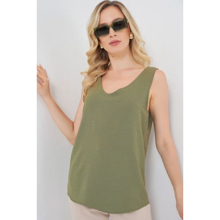 V Yaka Sıfır Kol Bluz 950 - A.Haki