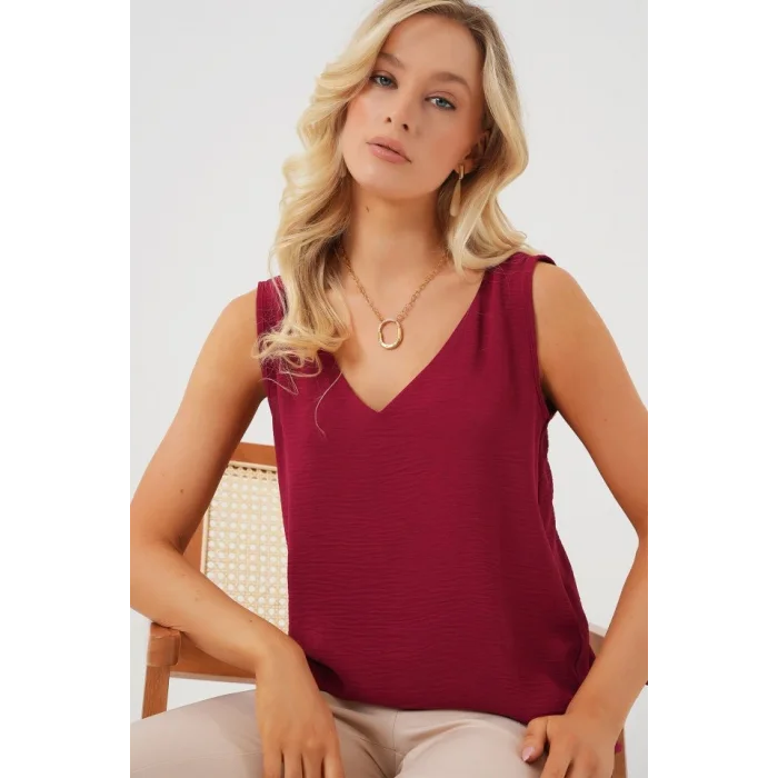 V Yaka Sıfır Kol Bluz 950 - Bordo