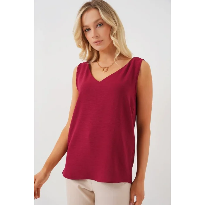 V Yaka Sıfır Kol Bluz 950 - Bordo