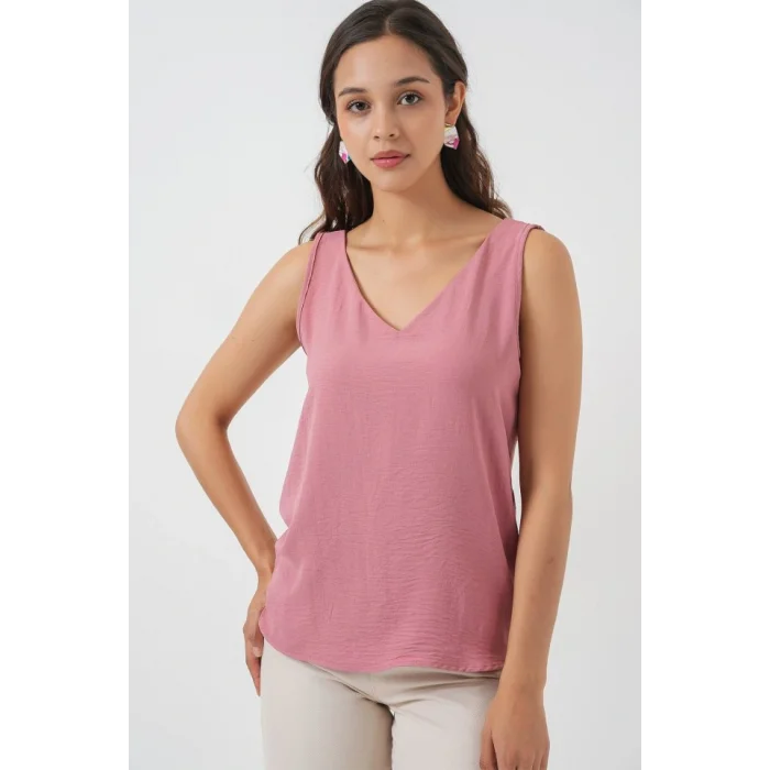 V Yaka Sıfır Kol Bluz 950 - Gül Kurusu