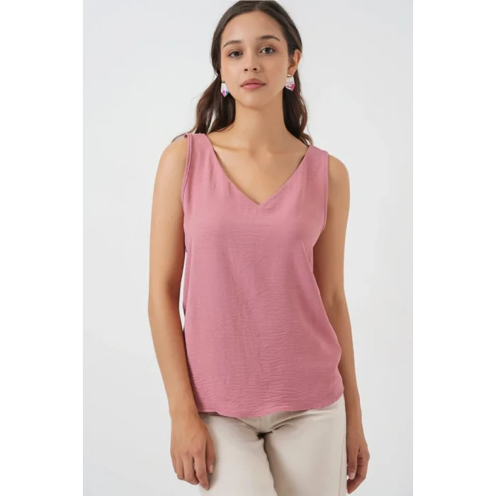 V Yaka Sıfır Kol Bluz 950 - Gül Kurusu